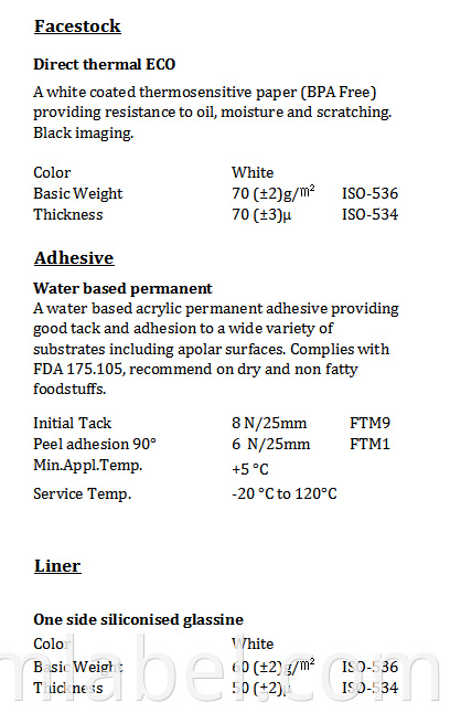 92j1522 Thermal Eco Paper Acrylic White Glassine Tds